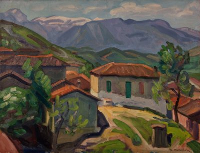 Kastraki Spring, Houses, Mountains with Slight Snow — Oil painting, Canvas, 50.00×65.00cm — Theodoros Markellos